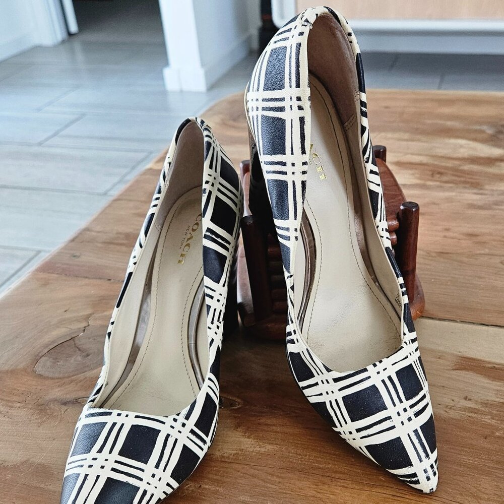 Coach Wedges Black & Cream Plaid dress shoes Size 7 - Picture 4 of 10